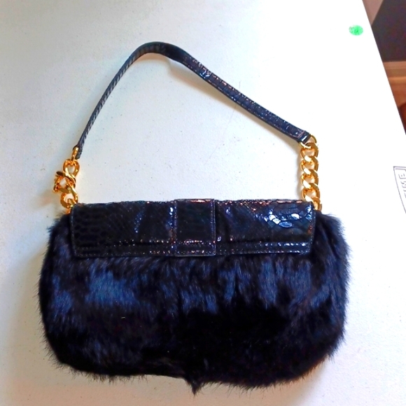 MICHAEL KORS FULTON BLACK RABBIT FUR+PYTHON LEATHER+ CLUTCH,SHOULDER BAG - Picture 7 of 7